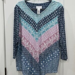 Alfred Dunner Blue and Pink Patterned Long Sleeve Top